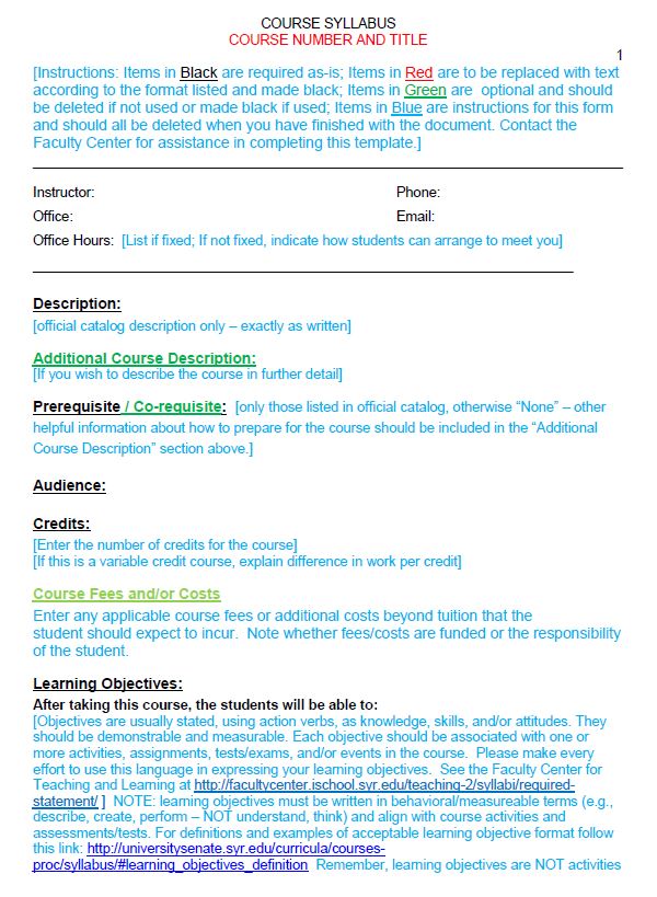 Course Syllabus Template | iSchool Faculty Center for Teaching and Learning